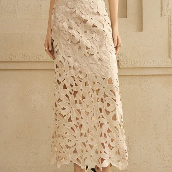 Khaki Casual Women's Floral Lace Cutout A-Line Skirt - Picture 4 of 9